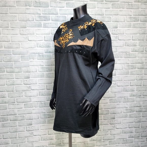 Vintage 80s Womens M Black Dolman Sleeve Side Slit Tunic Tee Animal Applique - Picture 4 of 8